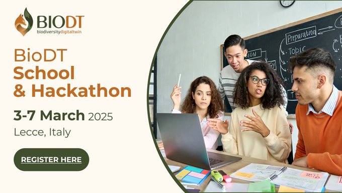 🌍Dive into #DigitalTwins &amp; #biodiversity at <a href="/BiodiversityDT/">BioDT</a>'s School &amp; Hackathon!

📅 March 3–7, 2025
📍 Lecce, IT

🎓 Selected students who apply by today, 17 January 2025 will have travel, lodging, and programme costs covered!
Don't miss this chance 👉tinyurl.com/5y6hb7jf