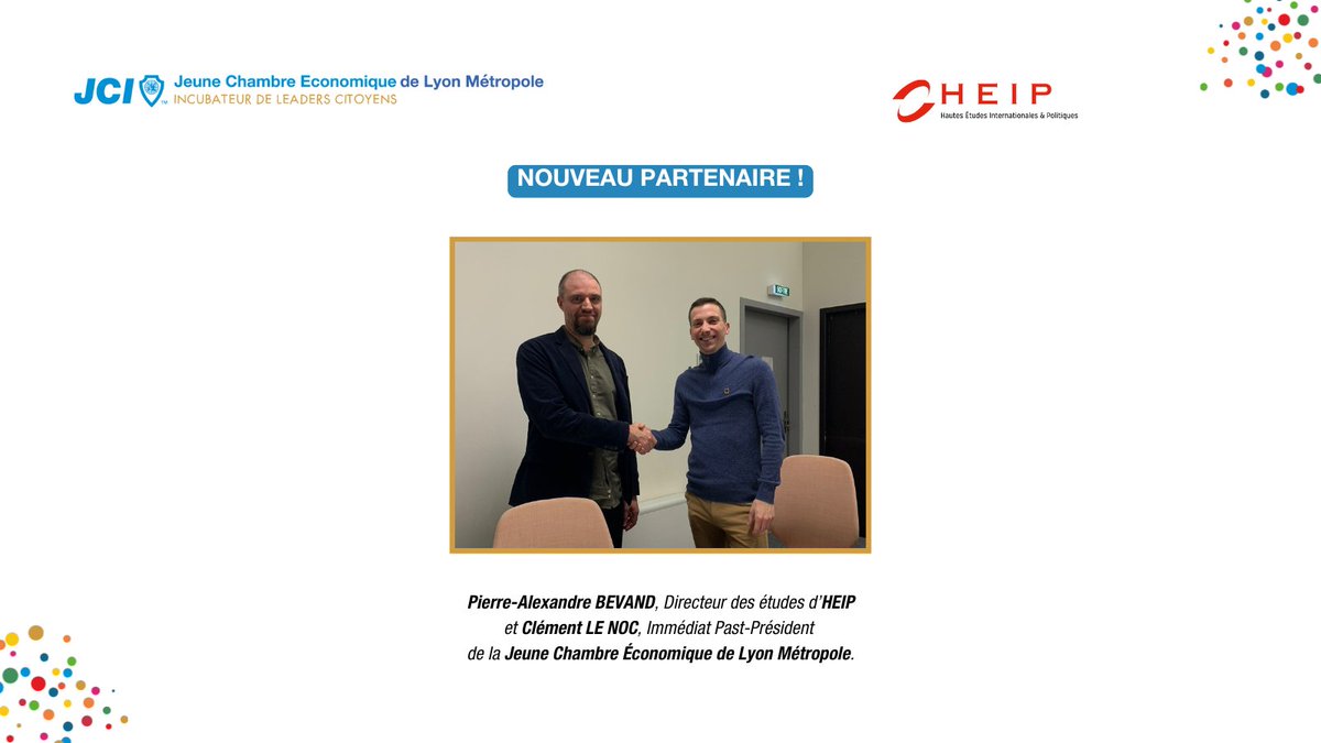 🤝 [PARTENARIAT] 🤝

Très heureux de ce nouveau partenariat avec <a href="/HEIP_Politics/">HEIP - Hautes Études Internationales & Politiques</a> ! Outiller la jeunesse pour favoriser l'innovation et l'engagement citoyen ✅

<a href="/JCE_France/">jce_france</a> <a href="/JCEAURA/">Fédération JCE AURA</a> <a href="/clement_ln/">Clém_ent</a> <a href="/HEIP_Politics/">HEIP - Hautes Études Internationales & Politiques</a> 

#Partenariat #LyonMétropole #Leadership #Engagement #Education #jcef