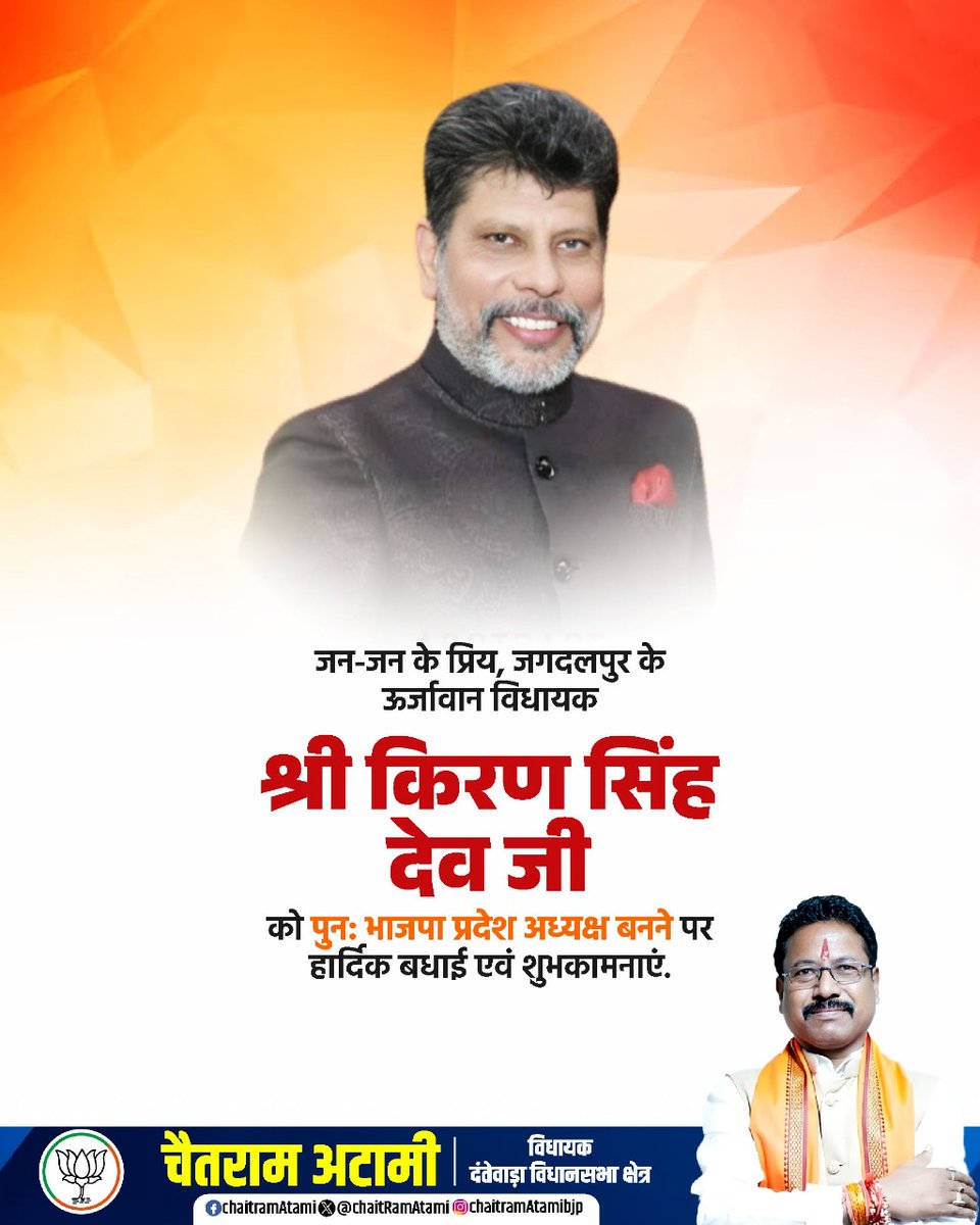 जन-जन के प्रिय, जगदलपुर के ऊर्जावान विधायक श्री <a href="/KiranDeoBJP/">Kiran Singh Deo</a> जी को पुन: भाजपा प्रदेश अध्यक्ष बनने पर हार्दिक बधाई एवं शुभकामनाएं.
