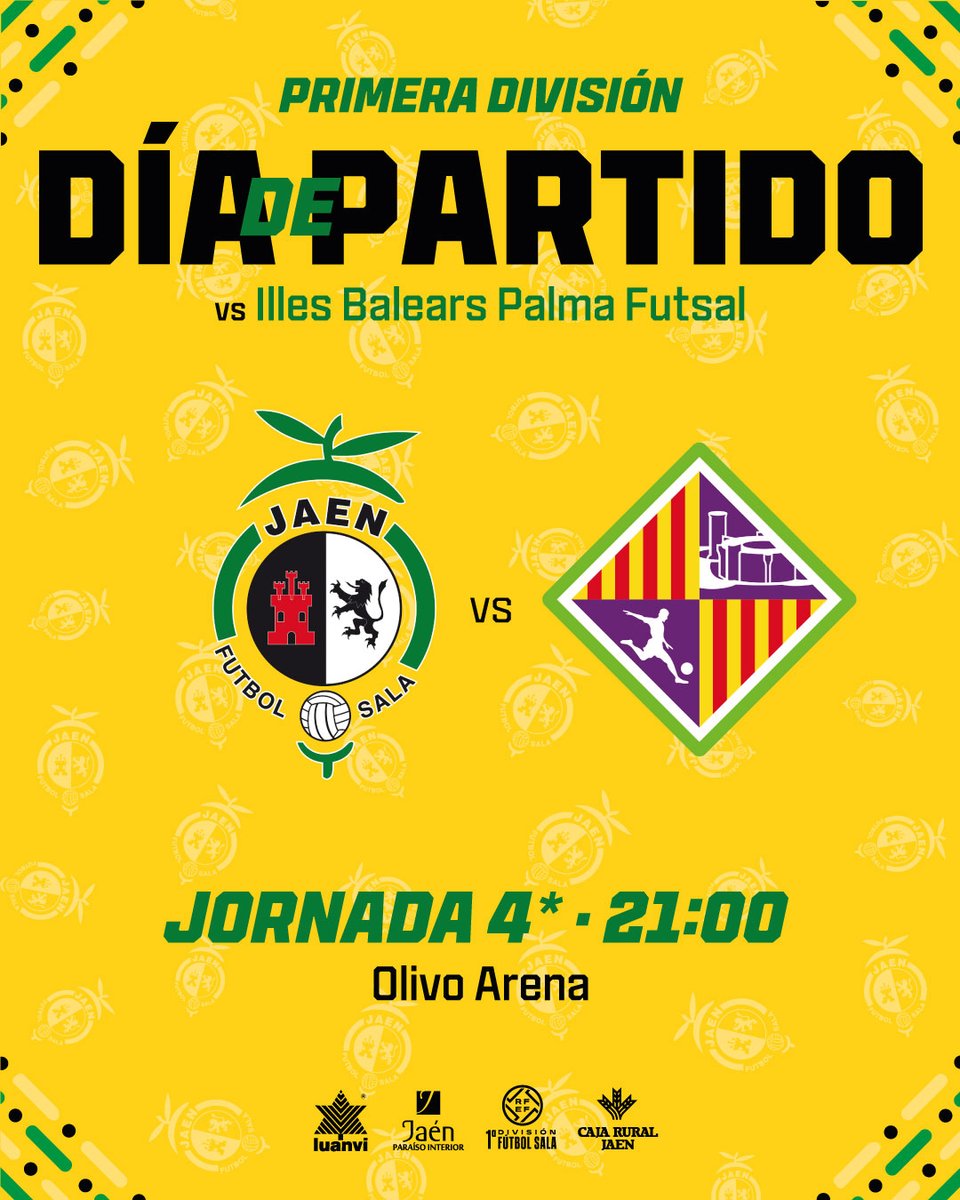 💛 DÍA DE PARTIDO 💛

▶️ ¡𝗣𝗮𝗿𝘁𝗶𝗱𝗮𝘇𝗼 en nuestra casa!

⚽️ 21:00 🆚 <a href="/PalmaFutsal/">Illes Balears Palma Futsal</a>
🏟️ Olivo Arena

📺 <a href="/fef_tv/">FEF_TV</a>

#SomosJaén💛