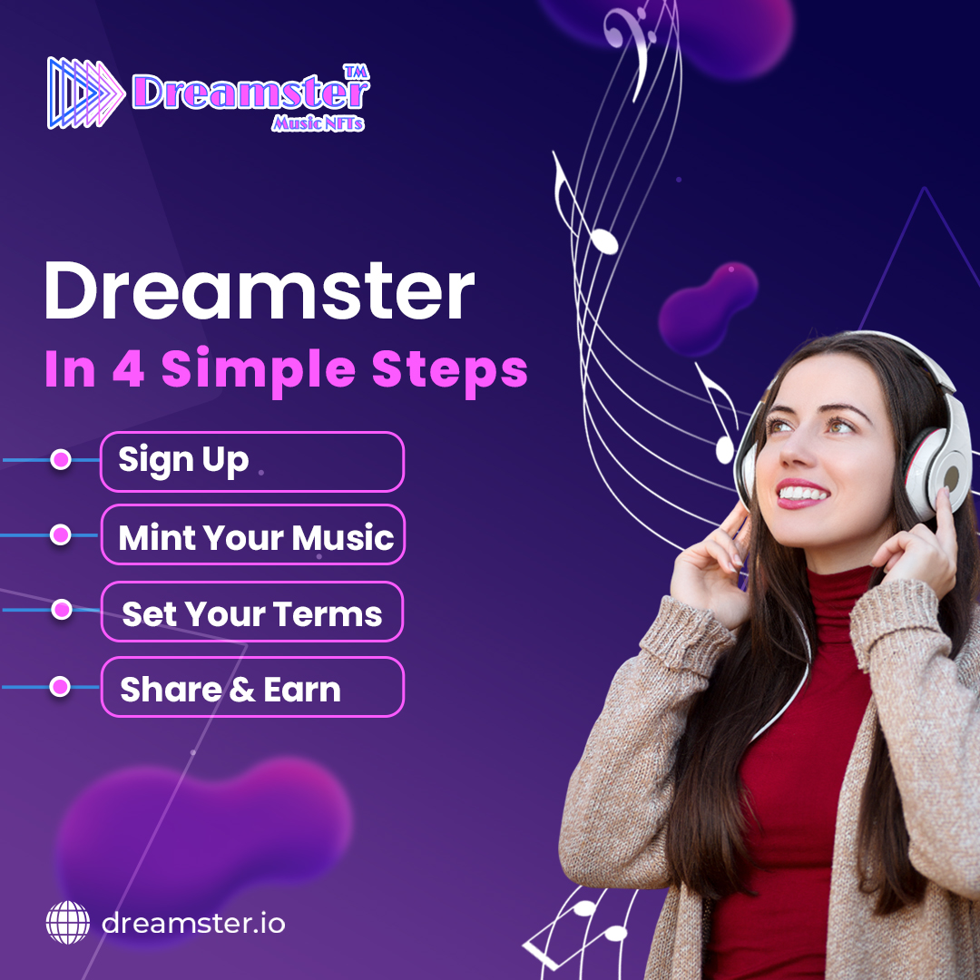 🧐Curious about how Dreamster works? It’s as easy as 1-2-3-4! Sign up, mint your music, and share it with fans. Each digital token unlocks exclusive access to albums, singles, and unforgettable music experiences. It’s time to experience the future of music, where you’re in