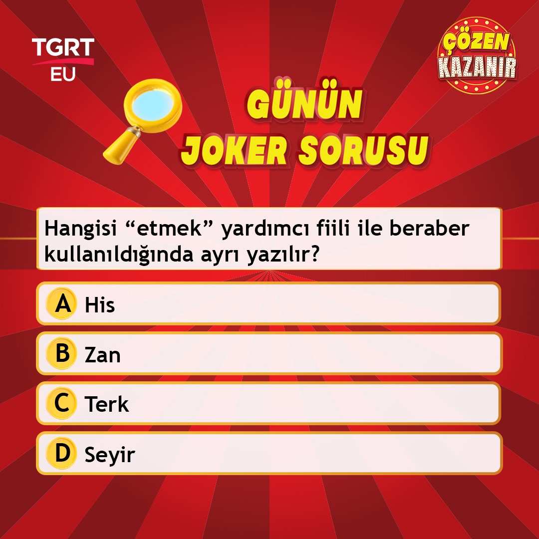 İşte Çözen Kazanır'da ödüller kazandıracak günün sorusu!

Birinciye snippy.com.tr'den 5 bin liralık alışveriş kodu, İkinciye 2.000 TL, üçüncüye ise 1.000 TL nakit para ödülü.

Evinizden yarışma heyecanı için sizleri saat 21.00'de TGRT EU ekranlarına bekliyoruz.