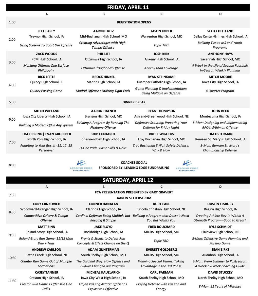 🚨🚨 Full Speaker List &amp; Schedule for the 2025 Southeast Iowa Coaches Clinic 🚨🚨 

An elite group of coaches fired up to share what they know!  

Register online at: seiowafootballclinic.com