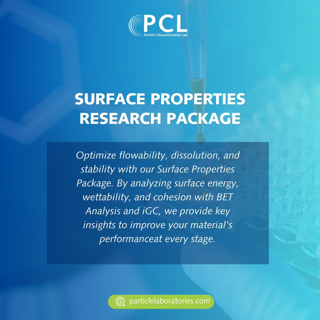 PCL_Labs's tweet photo. Achieve perfection in material performance with our Surface Properties Research Package! ✨ By analyzing surface energy, wettability, and cohesion, we help you optimize flowability and stability at every stage. https://t.co/xQursy5TYX