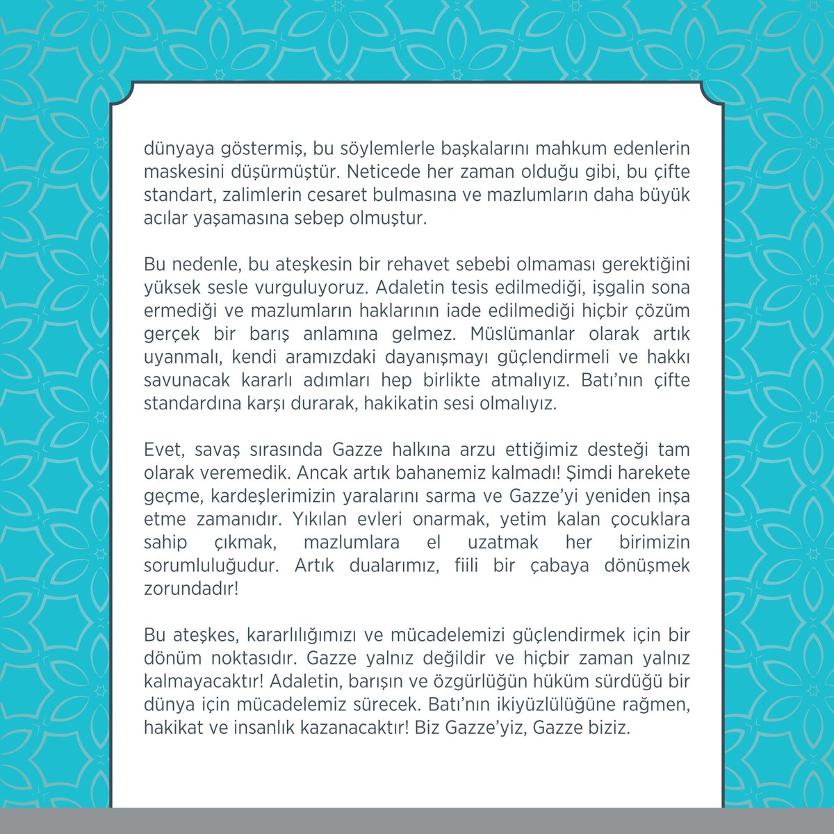 utesav's tweet photo. Gazze'deki rehine anlaşması ve ateşkese dair değerlendirmemizi kamuoyuna saygıyla duyuruyoruz. https://t.co/su8cFTNRfR