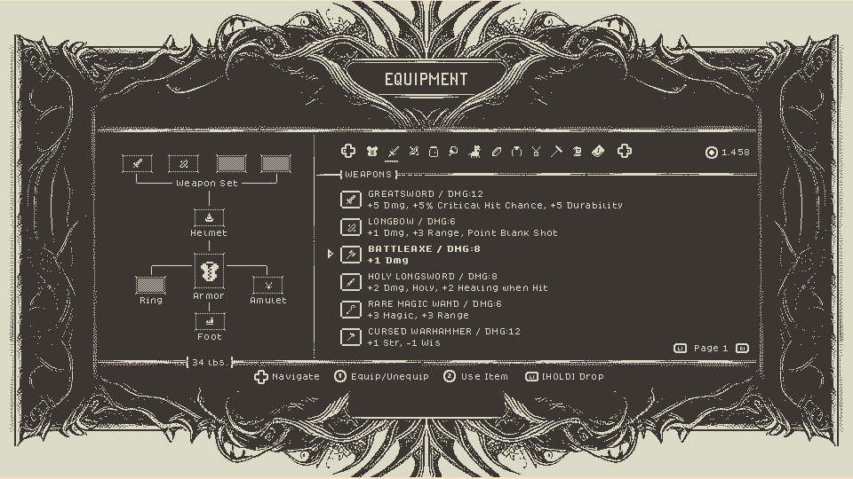 UI Design of 1-Bit RPG Game
I can't believe I used to play games with this look back in the day. I made a UI Design like this to remember those days. 

Icons are from bit Bonanza <a href="/_V3X3D/">VEXED (commissions OPEN)</a> 

#UI #uidesign #indiegames #IndieGameDev #gamedev #indiedev