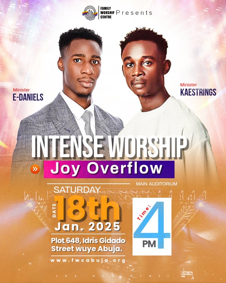 SIR_FELIXGREAT's tweet photo. Joy Overflow! 

Join us this Saturday for another Intense Worship session, featuring two anointed Gospel music ministers: Kaestrings and E-Daniel.

The time is 4 PM. Bring as many people as you can! https://t.co/uOEX95UHHr