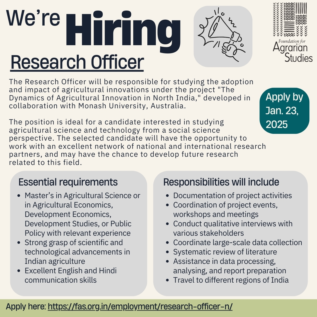 fasagristudies's tweet photo. FAS is looking to hire a Research Officer to work out of its Bengaluru office.

The employment duration is two years (extendable by one year based on performance).

Apply by January 23, 2025.

For more details:
https://t.co/H8zvuUpHlr https://t.co/wIx0giOSf5