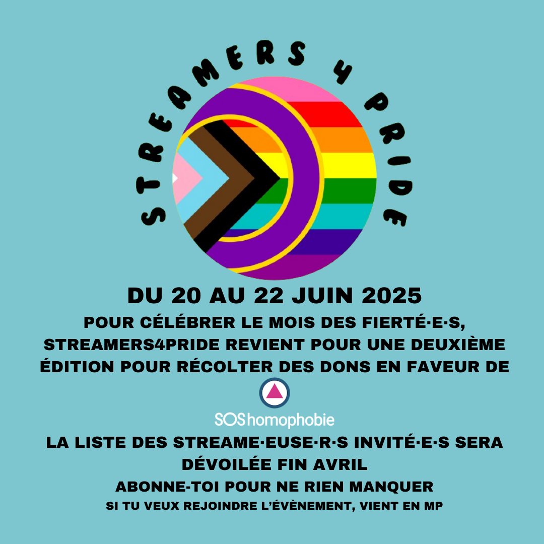 C'est officiel 🎉 Les dates de la deuxième édition de <a href="/Streamers4Pride/">Streamers4Pride</a>  sont tombées 🎉
L'événement aura lieu sur #twitch du 20 au 22 juin 2025 pour récolter des dons en faveur de <a href="/SOShomophobie/">SOS homophobie</a> 🥰

#pridemonth2025 #moisdesfiertés2025 #twitchfr #twitchfrance #caritatif