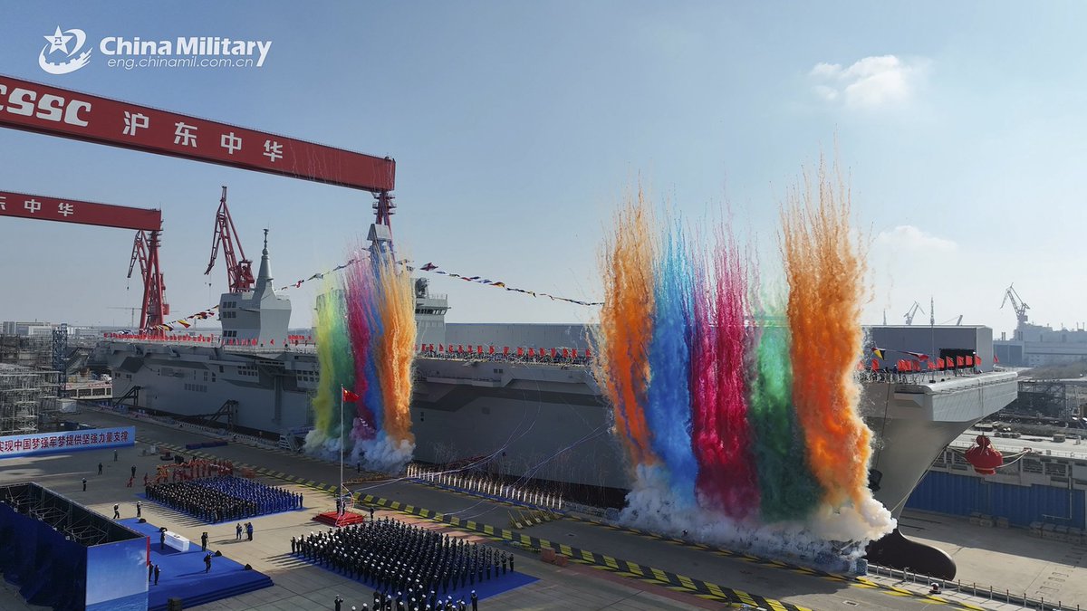 ChinaMilBugle's tweet photo. China's launch of #Type076 #AmphibiousAssaultShip #Sichuan is to safeguard its sovereignty, security and interests and to better ensure peace and stability in the region, not targeted at any third party, said a Chinese #DefenseSpokesperson on Jan. 17. #MND #Chinamilitary https://t.co/DYtUsPytNf