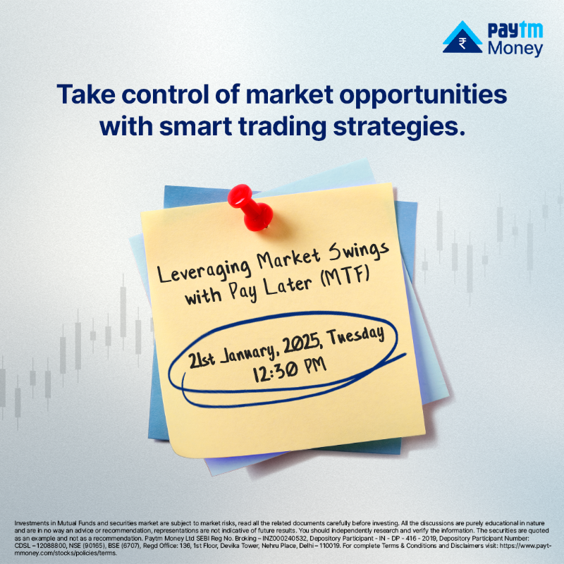 PaytmMoney's tweet photo. Join Harsh Pratim Dey, Product Manager at Paytm Money, for an exclusive live session to understand the power of Pay Later (MTF) and discover how to make the most of market fluctuations.

Don’t miss it!

#LearnWithPaytmMoney #PayLaterMTF #MarginTradingFacility #MarketSwings