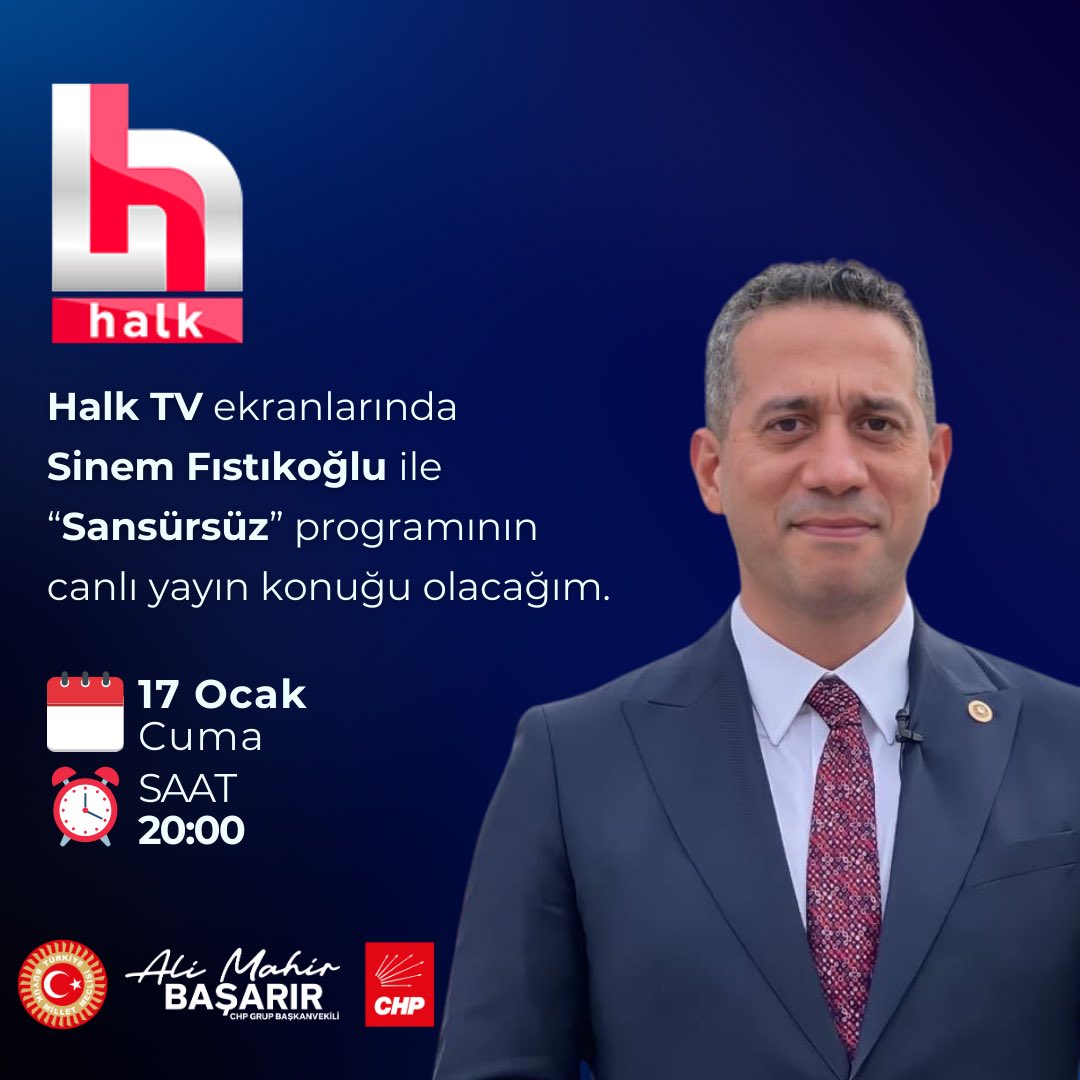 Bu akşam 20.00'de, Halk TV ekranlarında Sinem Fıstıkoğlu ile "Sansürsüz" programının canlı yayın konuğu olacağım.

🗓️ 17 Ocak Cuma
⏰ 20.00

📡 Halk TV Canlı Yayın: 
halktv.com.tr/canli-yayin/