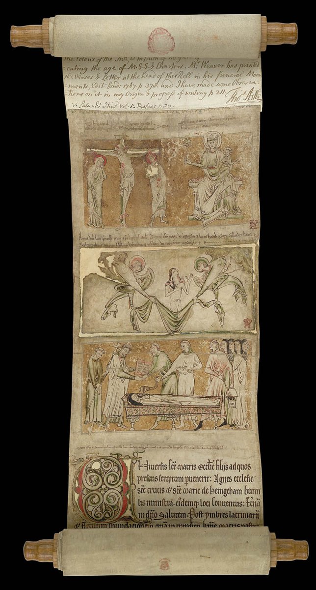 BLMedieval's tweet image. The opening of the mortuary roll features an illustration of Lucy&apos;s funeral and a vision of two angels carrying her soul up to Heaven (Egerton MS 2849). 

blogs.bl.uk/digitisedmanus…