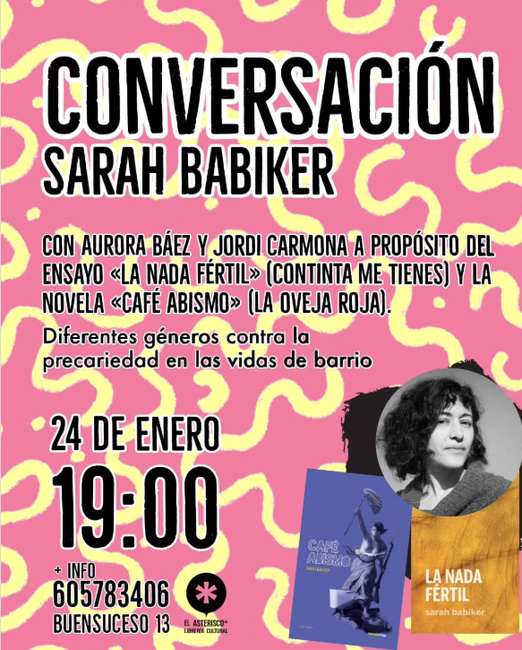 Cartelazo nos ha hecho <a href="/asterisco_grx/">El Asterisco Librería</a> 
En una semana, conversación y gozo con Sarah @lababiker, Jordi Carmona y Aurora Baez <a href="/laespigaora/">Aurora Báez Boza</a>.
Dos libros, dos lecturas, una alegría granaína.
¡Gracias!