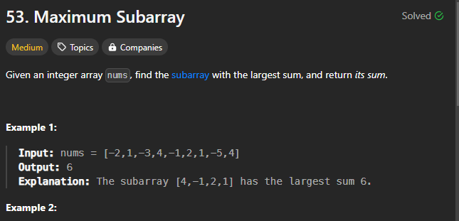 ashdebugs's tweet image. Day 17 #CodeChallenge: 'Maximum Subarray Sum' with Kadane's algorithm on LeetCode. Understanding dynamic programming better. #KadanesAlgorithm #LeetCode
