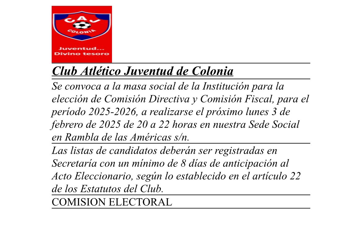 juventudcolonia's tweet photo. Convocatoria a elecciones en el Club Atlético Juventud 🗳️

#JuventudSomosTodos 🟥 https://t.co/OFiefgHvuh