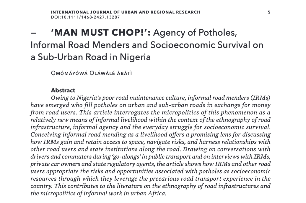 IJURResearch's tweet photo. .@mrmabatimn explores state neglect of transport provisioning on the Ife-Ede Road &amp; Informal Road Mending as an instance of residents developing coping strategies for precarious transport, highlighting complex ways potholes mediate urban experiences https://t.co/9vFqMdM8rH https://t.co/3SrUBxKHUY