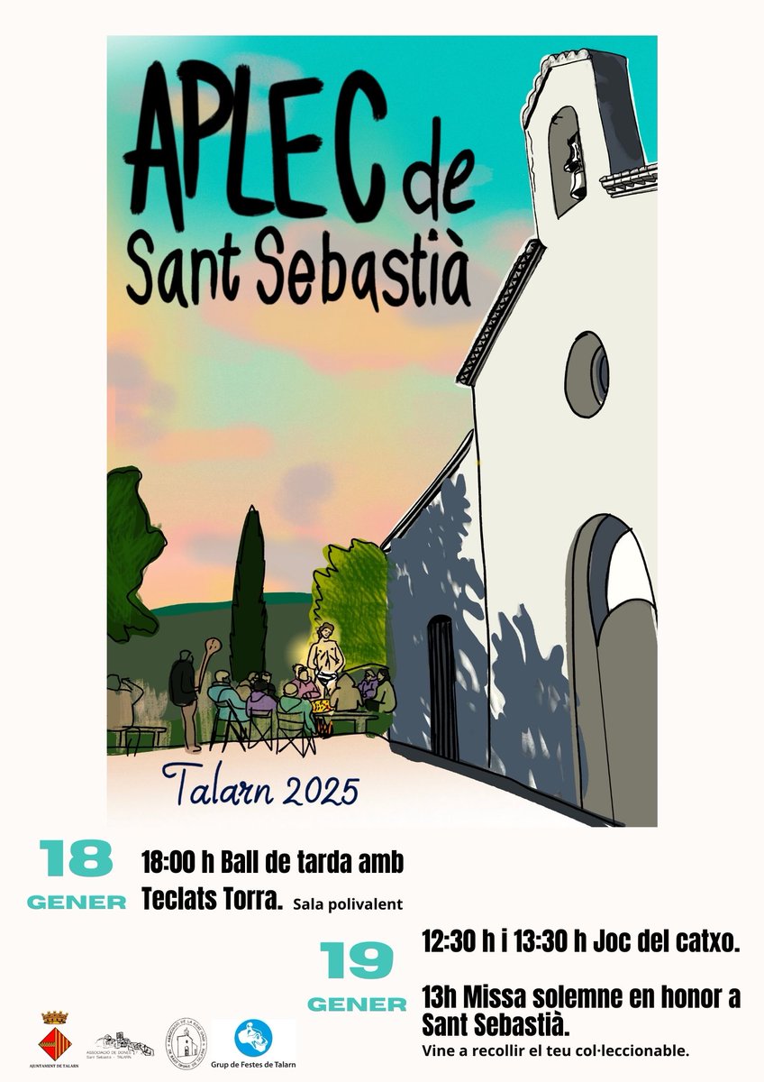 🎉 APLEC DE SANT SEBASTIÀ 2025
📍 Talarn
📆 18 de gener
🕕 18:00 h: Ball de tarda amb Teclats Torra (Sala Polivalent)

📆 19 de gener
🕛 12:30 h: Joc del catxo
🕐 13:00 h: Missa solemne en honor a Sant Sebastià
✨ No t’ho perdis!