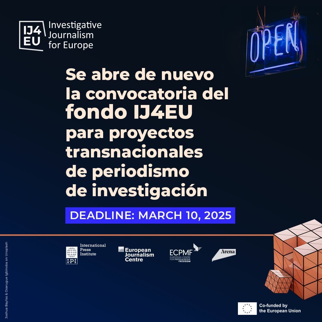 📣 Se abre de nuevo la convocatoria del fondo IJ4EU para proyectos transnacionales de periodismo de investigación
👉 buff.ly/3PHsHRq
IPI + <a href="/ejcnet/">European Journalism Centre</a> <a href="/ECPMF/">European Centre for Press and Media Freedom</a> <a href="/journalismarena/">Arena for Journalism in Europe</a>
#creativeeurope