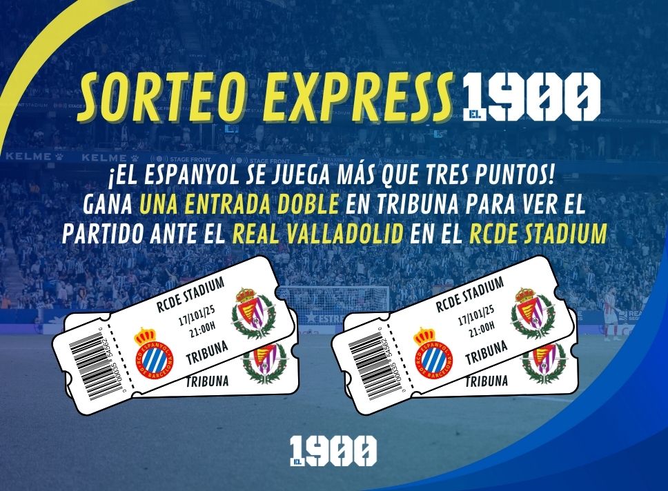somel1900's tweet photo. 🚨 SORTEO EXPRESS 🚨

🔴🎟️Ya no quedan entradas para el #EspanyolRealValladolid... 

..., pero en 'El 1900' regalamos 4⃣ entradas para que la asistencia sea aún mejor 🥳

Para participar:
⚠️Síguenos en X+RT 
📲 ¿Qué resultado esperas?
⏰ Hasta las 18h 

#rcde #SomEl1900 #El1900 https://t.co/YHthJ1MoQf