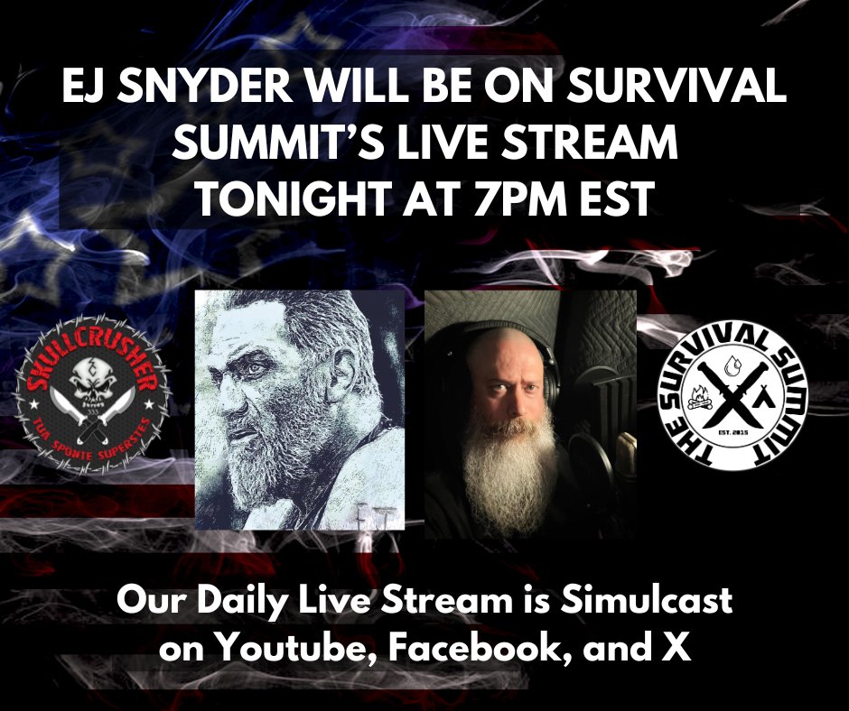 Survival_Summit's tweet photo. EJ Snyder from the hit show Naked and Afraid will join Survival Summit on tonight's Live Stream, which will be simultaneously streamed on Youtube, Facebook, and X. 7PM EST or shortly thereafter.
#ejsnyder #nakedandafraid #survival #bushcraft #preparedness https://t.co/7PAKMCUsgQ