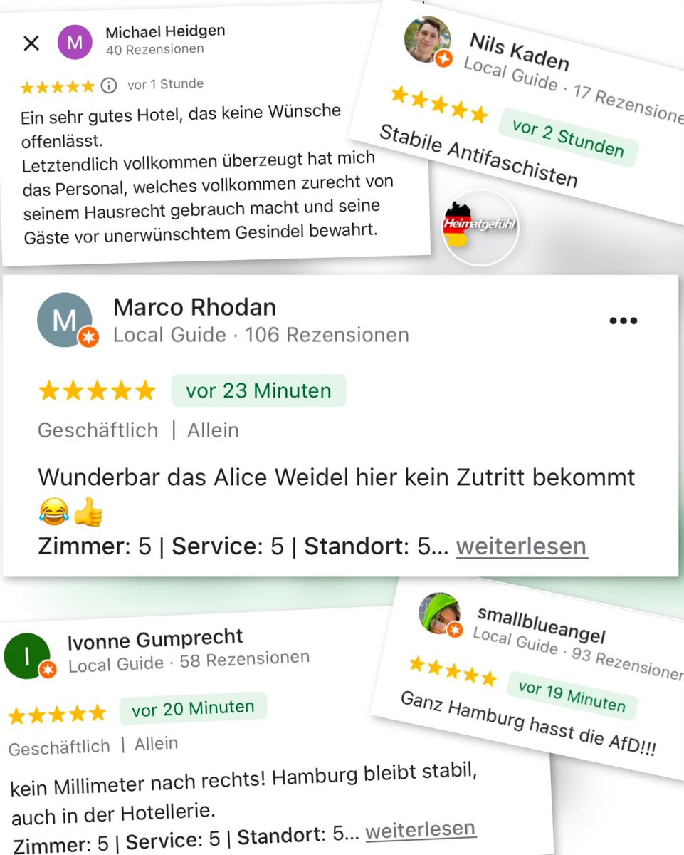 HeimatliebeDE's tweet photo. Hier ein kleiner Auszug der Rezensionen von dem Hamburger Luxushotel (Louis C. Jacob), welches Alice Weidel die Übernachtung verwehrt hat.
Ekelhaft und widerwärtig. https://t.co/UMbe046S2g