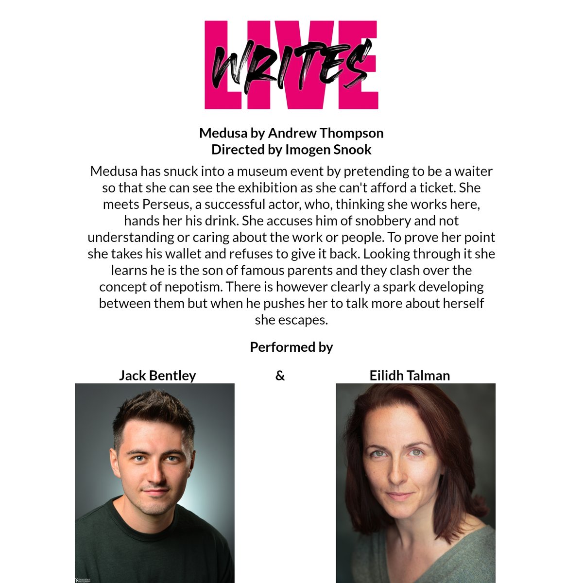 4/4 short plays selected from open callouts for our next #LiveWrites on our stage Thu 30 Jan, 7.30pm is #Medusa written by
<a href="/AndrewTwrites/">Andrew Thompson</a>
Directed by Imogen Snook &amp; Performed by Jack Bentley &amp; Eilidh Talman.  Get your £6 tickets asap to see all 4 plays plus feedback from