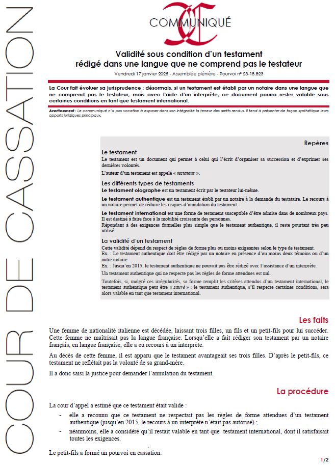 Courdecassation's tweet photo. ⚖[Communiqué] Désormais, si un testament est établi par un notaire dans une langue que ne comprend pas le testateur, mais avec l’aide d’un interprète, ce document pourra, sous certaines conditions, rester valable comme testament international. 
👓https://t.co/PwSs2vIuKR https://t.co/zAvVOLadZL