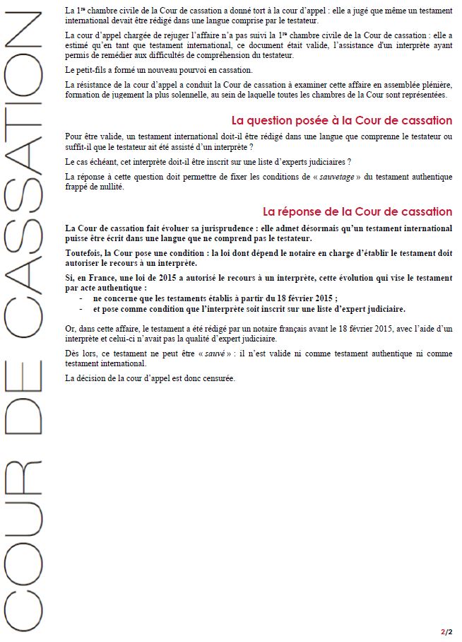 Courdecassation's tweet photo. ⚖[Communiqué] Désormais, si un testament est établi par un notaire dans une langue que ne comprend pas le testateur, mais avec l’aide d’un interprète, ce document pourra, sous certaines conditions, rester valable comme testament international. 
👓https://t.co/PwSs2vIuKR https://t.co/zAvVOLadZL