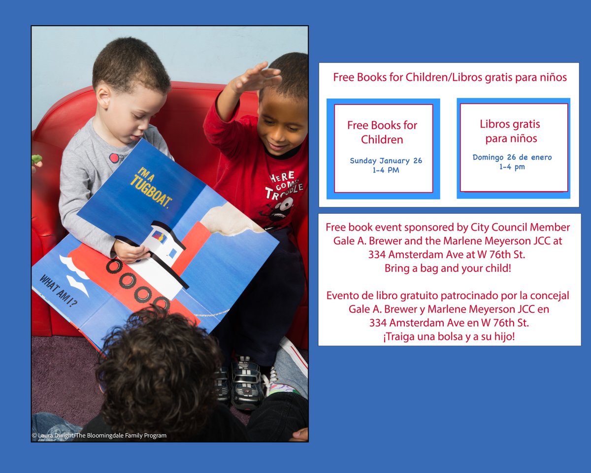 BloomingdaleFam's tweet photo. Free Books for Children Annual Event sponsored by @galeabrewer  and @MM_JCCManhattan  at 334 Amsterdam Ave Sunday Jan 26 1-4 pm
Evento anual de libros gratuitos para niños patrocinado por la concejal @galeabrewer  y @MM_JCCManhattan  en 334 Amsterdam Ave  1-26-25 de 1 a 4 p. m. https://t.co/HzHyC5zi3l