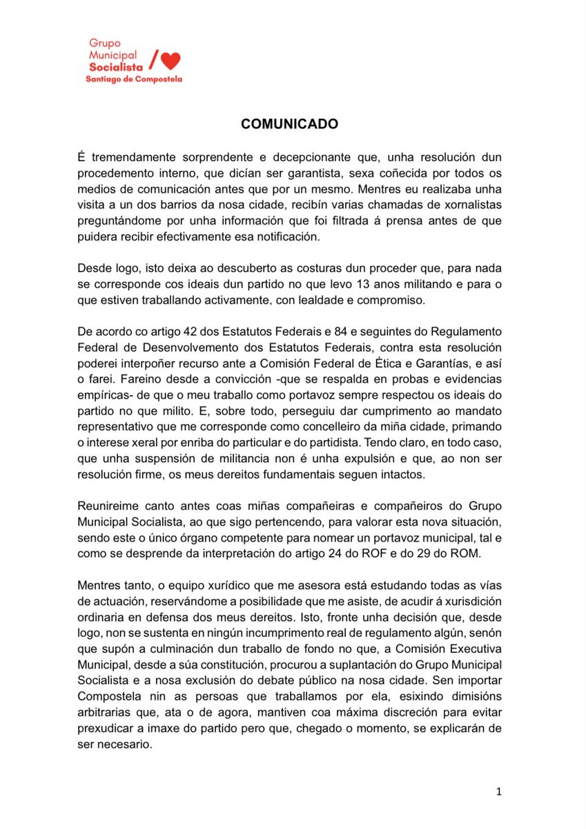 NonAds_Santiago's tweet image. Comunicado do noso portavoz municipal, @gonzalomuinos, relativo á resolución e filtración do expediente disciplinario