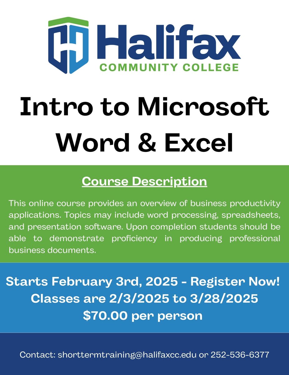 halifaxcc's tweet photo. Learn essential skills in Microsoft Word &amp; Excel with Halifax Community College! 💻📊

Starts Feb 3, 2025. Just $70!

Register now: shorttermtraining@halifaxcc.edu or call 252-536-6377

#MicrosoftTraining #HalifaxCC https://t.co/OTARYbKDKo