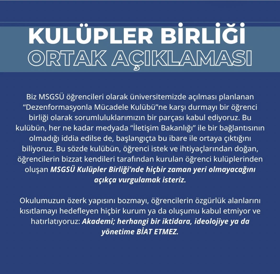 politikbaykus's tweet photo. 🔴MSGSÜ Kulüpler Birliği, “Dezenformasyonla Mücadele Kulübü” açılma girişimcine karşı bir açıklama yayınladı.⬇️

“Bu sözde kulübün, öğrenci istek ve ihtiyaçlarından doğan, öğrencilerin bizzat kendileri tarafından kurulan MSGSÜ Kulüpler Birliği’nde hiçbir zaman yeri olmayacaktır.” https://t.co/bwU26LQU09