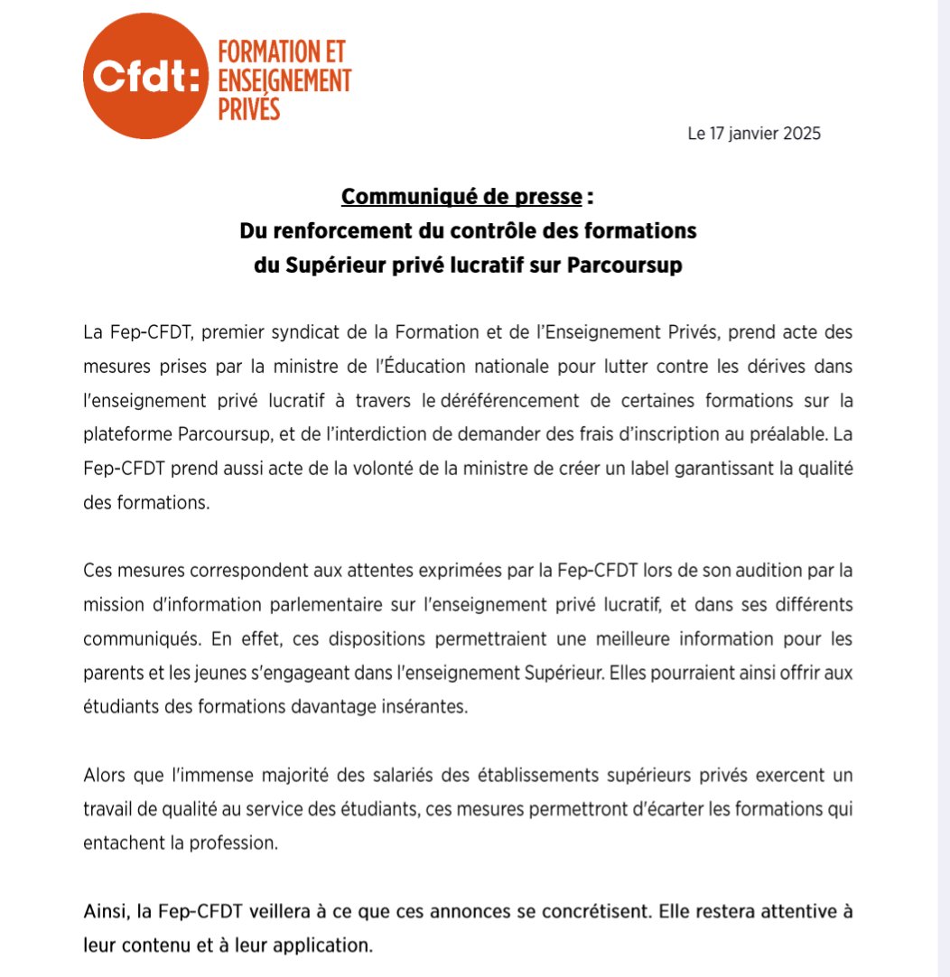 [COMMUNIQUÉ DE PRESSE : DU RENFORCEMENT DU CONTRÔLE DES FORMATIONS DU SUPÉRIEUR PRIVÉ LUCRATIF SUR PARCOURSUP]
La FEP-CFDT prend acte des annonces de la ministre. Cela rejoint une partie de nos revendications.
<a href="/ToutEduc/">ToutEduc</a> <a href="/AEFsuprecherche/">AEFsuprecherche</a> <a href="/AEFeduc/">AEF Enseignement scolaire</a> <a href="/cafepedagogique/">Le café pédagogique</a> <a href="/NewsTankEduc/">News Tank éducation et recherche</a>