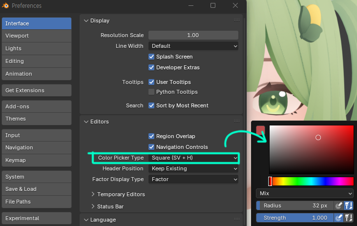어떻게 해서든 블렌더의 텍스쳐 페인트 모드도 사랑해 보려고 애썼으나 거지 같은 컬러휠 때문에 좌절했었는데, 이걸 바꿀 수가 있더라구요.💢