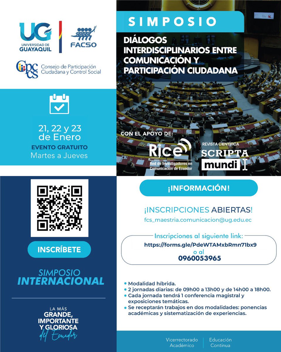 <a href="/RICE_Ecuador/">RICE</a> invita al Simposio “Diálogos interdisciplinarios entre la Comunicación y la Participación Ciudadana”. 
Regístrate en el siguiente enlace: forms.gle/PdeWTAMxbRmn71…