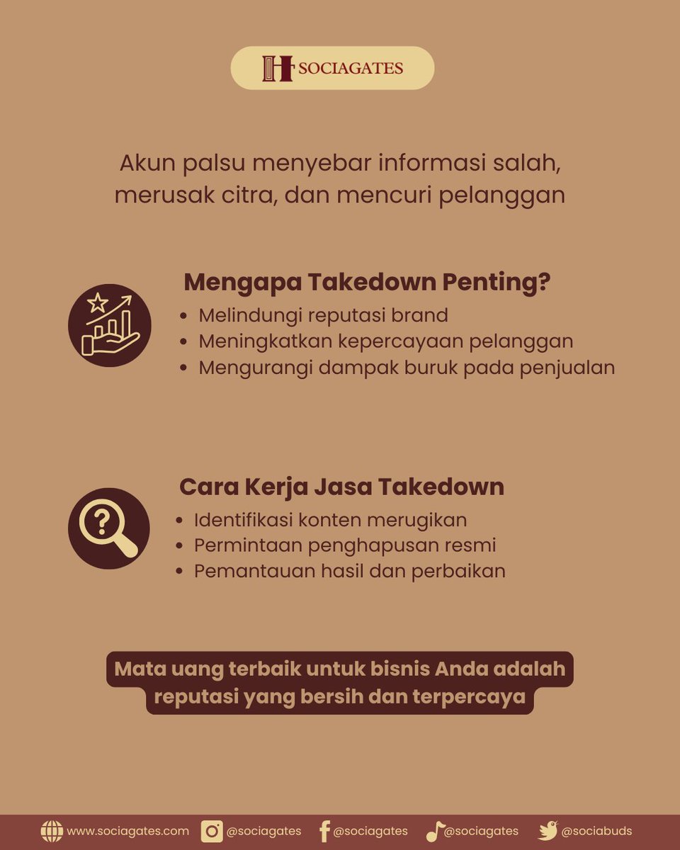 SociaBuds's tweet photo. Reputasi bisnis adalah aset terbesar Anda! Jangan biarkan akun palsu atau ulasan negatif menghancurkannya.

#sociagates #fake #account #brandprotection #bisnisonline #foryou #reputasi https://t.co/RIHdApe3xd