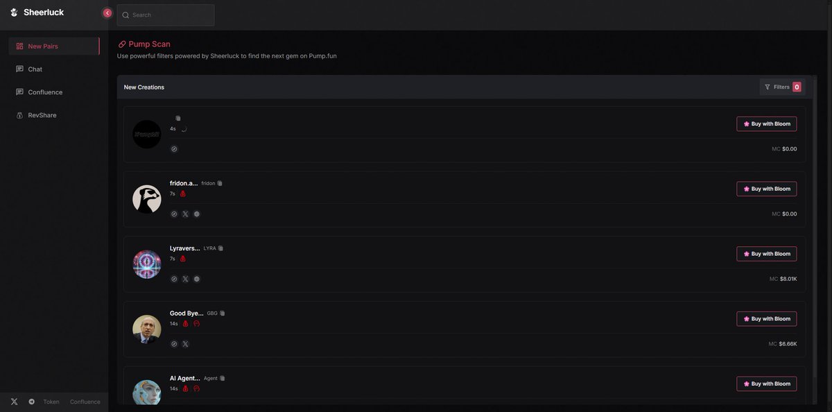 Introducing Sheerluck Terminal (Beta)

Scan new mints as they happen and view real-time audits for bundle checks, previous tokens and reused Twitter for every token.

Utilize powerful filters and only see tokens that meet your criteria.

Supporting native <a href="/BloomTradingBot/">Bloom On Chain</a> quick