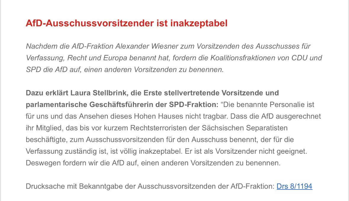 kollenbergkai's tweet photo. Die AfD soll im Landtag den Vorsitz über den Justizausschuss übernehmen. Sie hat dafür Alexander Wiesner benannt. Das stößt nun auf deutliche Kritik. @CDU_SLT und @spdsaxlt fordern die AfD auf, jemand anderes für den Vorsitz zu finden. #Sachsen #saxlt https://t.co/IMvFvb1wMR