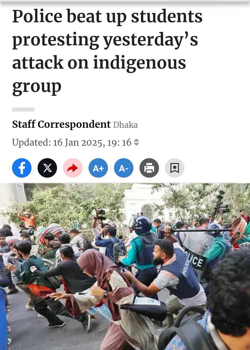 bdwatch2024's tweet photo. How safe is "new #Bangladesh" for #minorities? At least 20 persons were injured in an attack during protests against the removal of the word "indigenous" from textbooks. The next day, when protesting the earlier attack, they got attacked again! This time by #police.

At least 20 persons were injured on Wednesday in an attack on an indigenous group and its supporters protesting the removal of the word "indigenous" (adivasi, in Bangla) from books. Although the attack was officially carried out by a group called "#Students for Sovereignty", links of people present on the scene with Islami Chhatra Shibir (Jamaat E Islami's student wing) and Jatiyo Nagorik Committee (SAD's so-called civil-society off-shoot) have been reported in press and social media. 

News🔽

https://t.co/OXOBWAV23I

The next day, when a demo was taking place to protest the violent attack the day earlier, the police attacked, using water cannons and stun grenades. Baton charges scattered the protesters. 7 more protesters were injured. 

News🔽
https://t.co/quN94mPTML

In summary, when it comes to treatment of indigenous populations, the majoritarian radicals and the police are operating on the same wavelength.
 
#BangladeshCrisis @amnesty @hrw @amnestysasia @HRF @AFP @AP @reutersasia @Chellaney @Kai_Schultz @CharlieCamp6ell @JonathanEmont @MujMash @JohnReedwrites @HannahEP @CJBdingo25 @paulocasaca1 @UNHumanRights @volker_turk @UN4Indigenous @StateDRL @RFKHumanRights @FCDOGovUK @eu_eeas @HumanRightsCtte @EURightsAgency @BBCWorld @UtsavSanduja @_pallavighosh @dwnews @Sabir59 @johnstanly