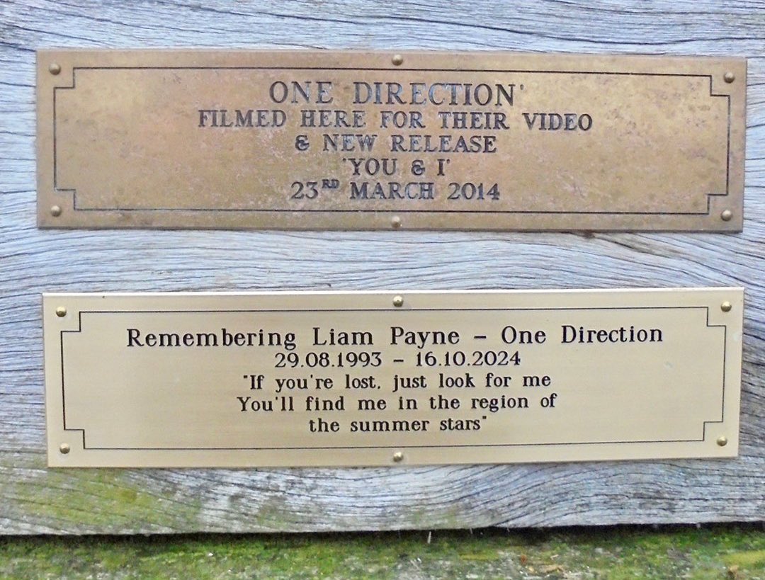 Le colocaron esta placa en memoria a Liam, en el Muelle de Clevedon, donde Grabaron ‘You and I’ y le colocan: ‘ If you're lost, just look for me, You'll find me in the region of the summer stars…’  vos queres q yo me mate????