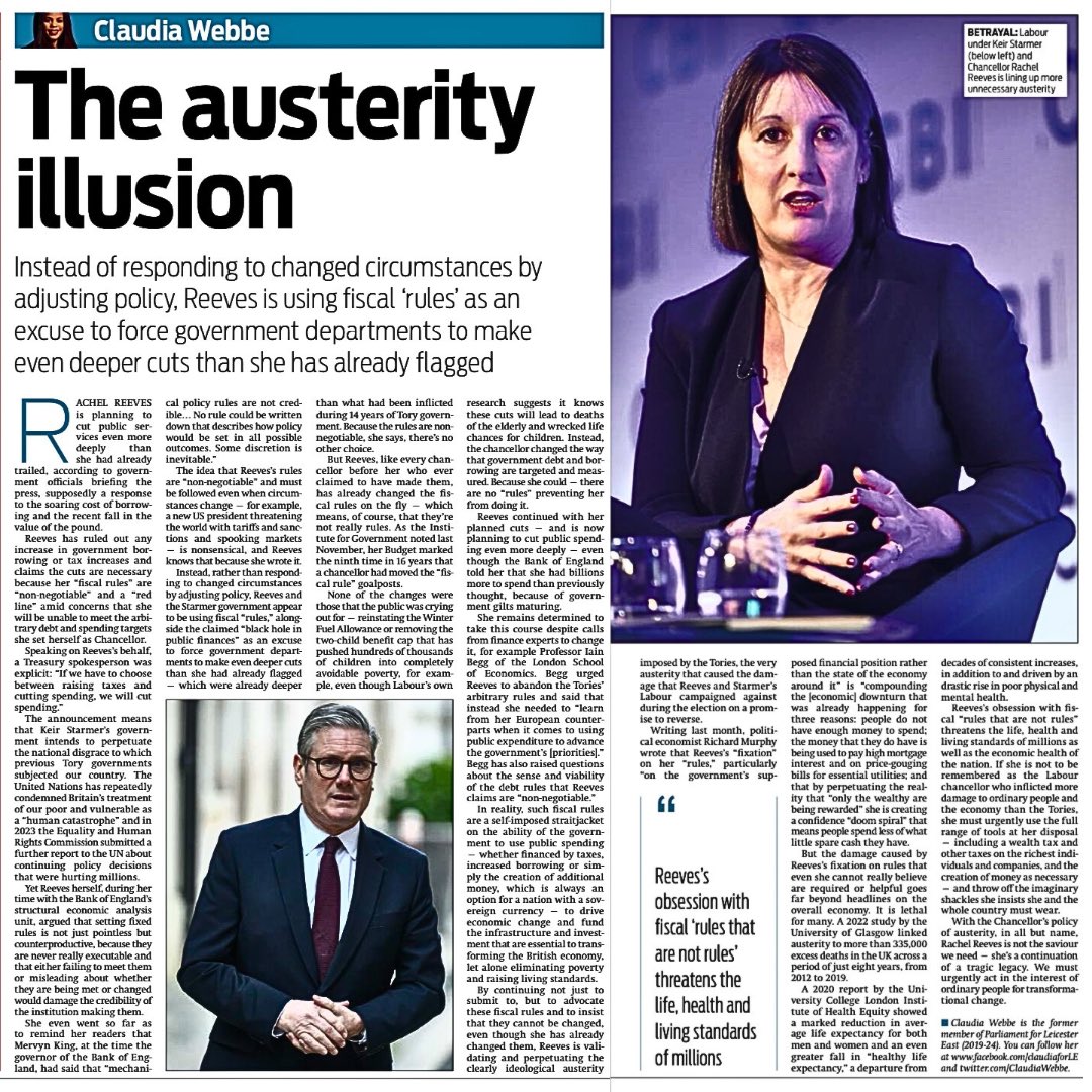 ClaudiaWebbe's tweet photo. The Austerity Illusion: Unmasking the Labour Government's Betrayal.

The plans under Rachel Reeves, highlight the stark reality of deeper cuts to public services. Instead of changing course ‘fiscal rules’ are used as shackles. 

A wealth tax on the rich is needed.

My latest👇🏾 https://t.co/T9yOCpPr7Q
