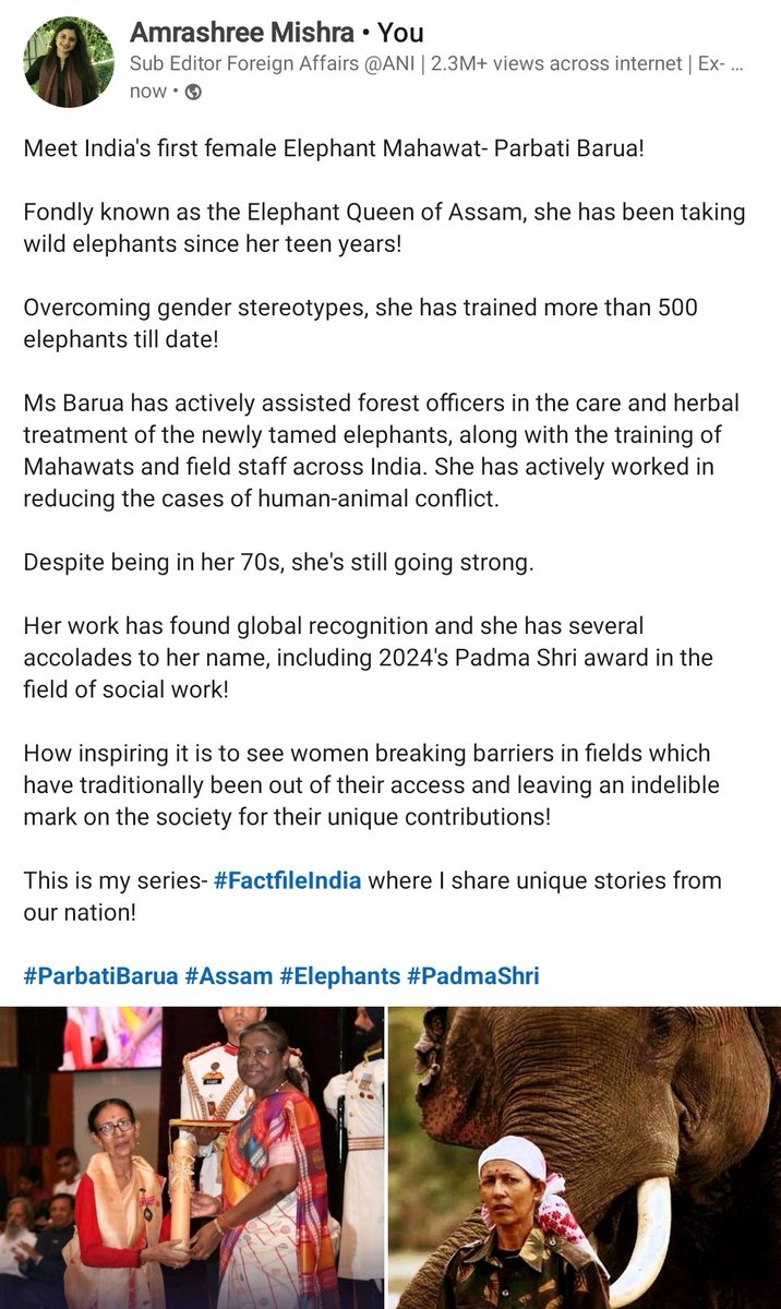 AmrashreeMishra's tweet photo. Read my piece on the awe-inspiring life of Padma Shri Parbati Barua!
Queen of Elephants and most definitely Queen of Hearts!
#FactFileIndia #PeoplesPadma https://t.co/BJ4wpb5fWd