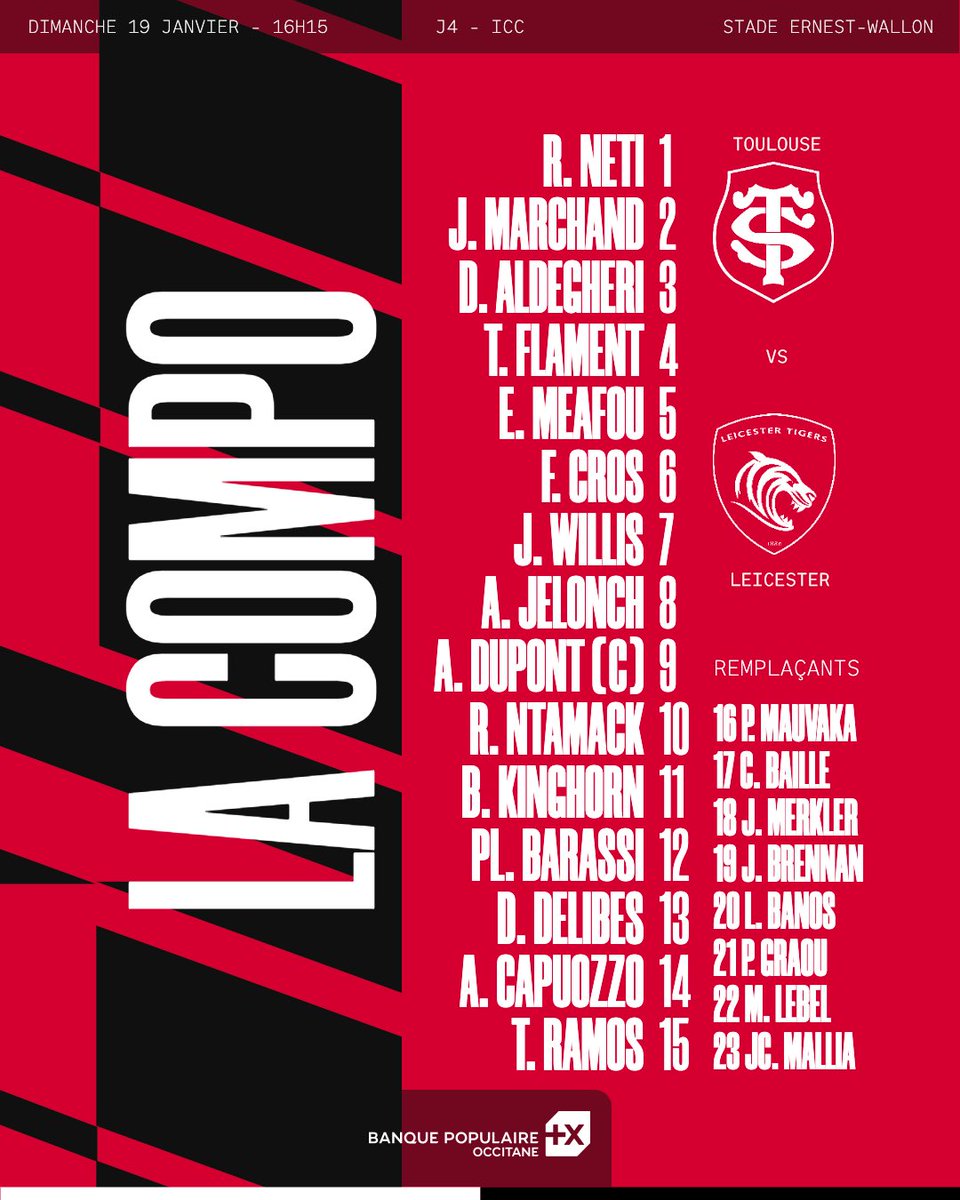 StadeToulousain's tweet photo. 📣 𝐃𝐞 𝐫𝐞𝐭𝐨𝐮𝐫 𝐚̀ 𝐥𝐚 𝐦𝐚𝐢𝐬𝐨𝐧 🤩

Voici les 23 Stadistes pour défier les @LeicesterTigers ❤️🖤 https://t.co/REruknh7vt