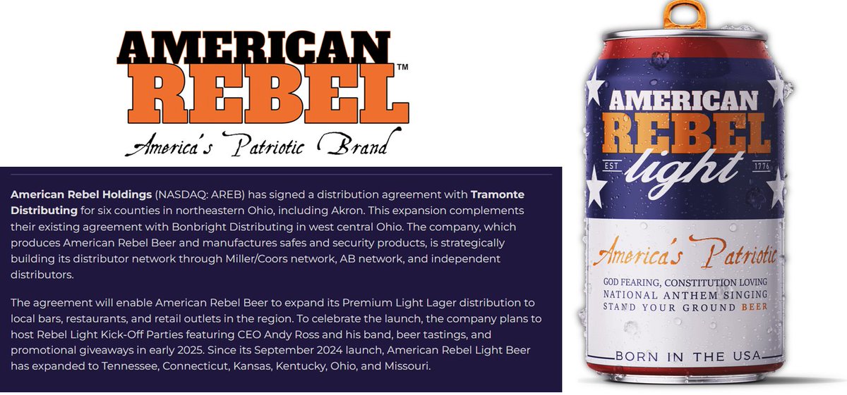 JohnZidar's tweet photo. $AREB - American Rebel Light
🔹Continues Rapid Growth by Signing Distribution Agreement with Tramonte Distributing for Six Counties in Northeastern Ohio
🔹Strategic expansion into six new counties in northeastern Ohio
🔹Super Low Float/ OS near 1.1M shares
👆 0% PreM/ $2.09 https://t.co/eoVIYCroHo