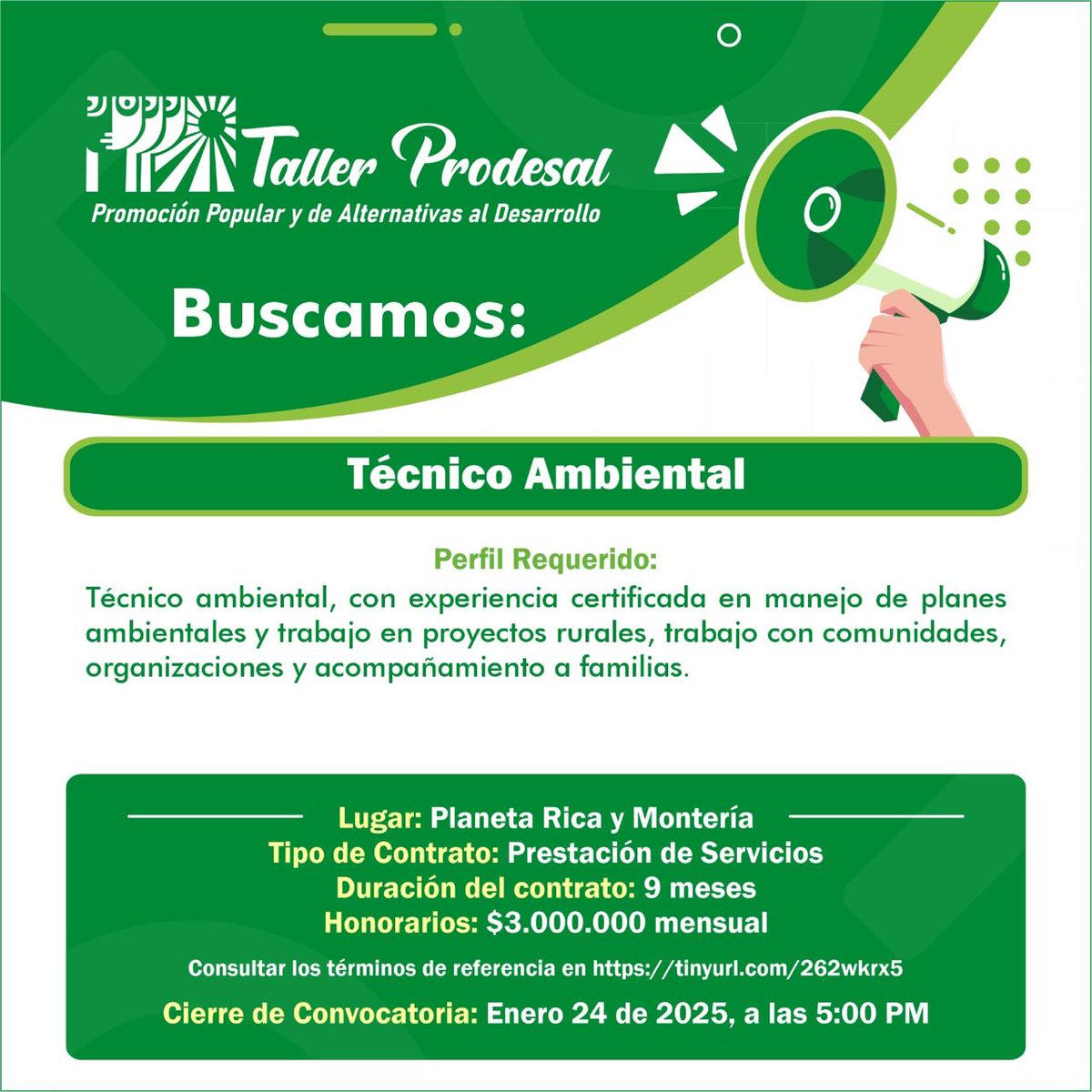 TallerProdesal's tweet photo. ¡Buscamos un Técnico Ambiental! 

Si tienes experiencia en manejo de planes ambientales y trabajo comunitario, ¡postúlate! Contrato de 9 meses, honorarios de $3.000.000 mensuales. 

Consulta los términos de referencia en https://t.co/XXSRoxzCv5 https://t.co/TcYhYRUM6H