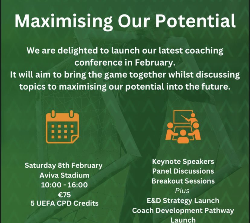 📣CPD Conference <a href="/FAIreland/">FAIreland</a> <a href="/FAICoachDev/">FAI Coach Development</a> <a href="/UEFA/">UEFA</a> Coaching Qualifications

⚽️’Maximising Our Potential'
📆Sat. 8th February 
⏲️11:00 - 16:30
🏟️Aviva Stadium
✅5 UEFA CPD Credits 
ℹ️ Education &amp; Development Strategy &amp; Coach Development Pathway Launch

faiconnect.ie/mycomet/privat…