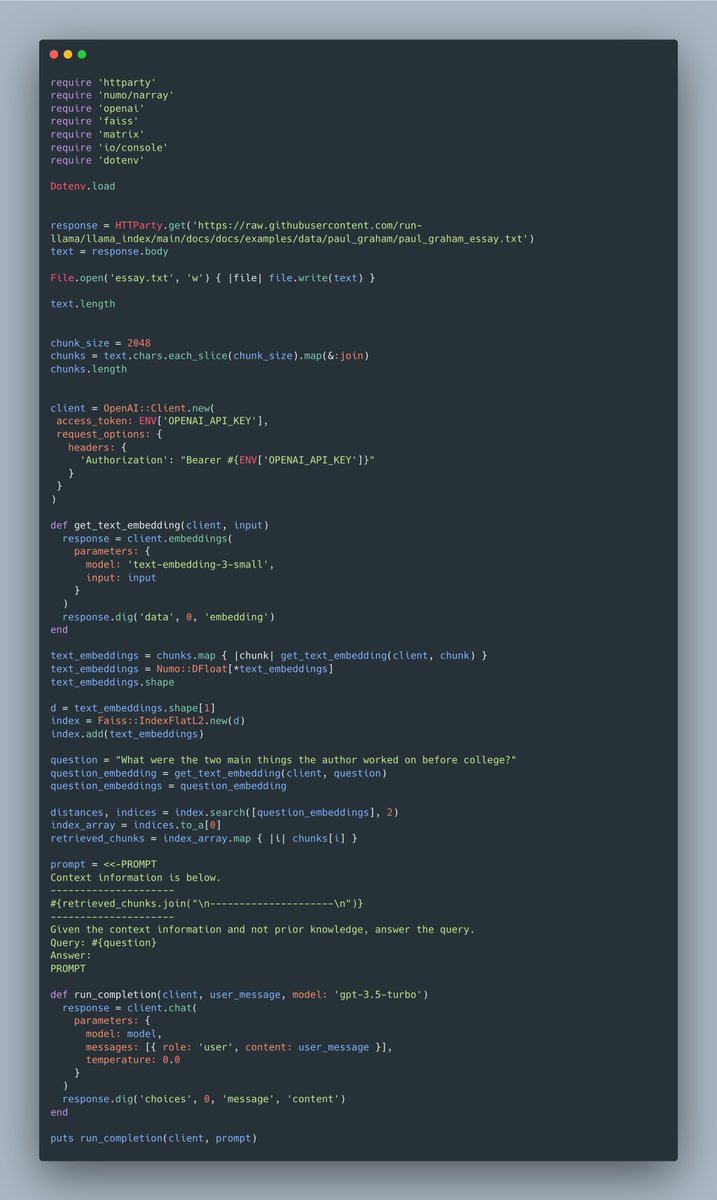 thedayisntgray's tweet image. Enjoy - RAG in less than 100 lines of Ruby code.
No frameworks only libraries.
