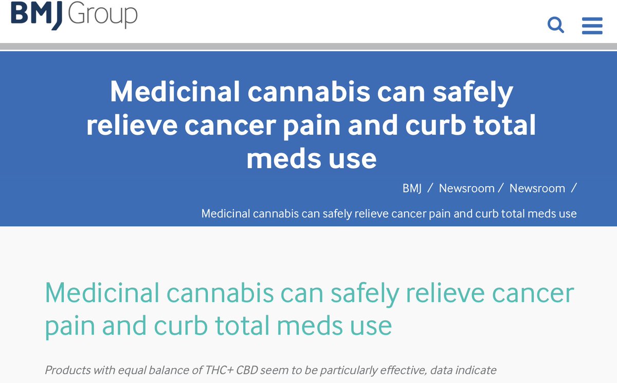 BMJ bigs up study in a journal, despite a Cochrane SR of RCTs concluding "moderate-certainty evidence that oromucosal nabiximols and THC are ineffective in relieving moderate-to-severe opioidrefractory
cancer pain." Standards are slipping.

doi 10.1002/14651858.CD014915.pub2.