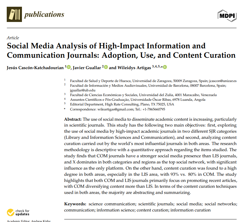 CUVICOM | Research project 📑 (@cuvicom) on Twitter photo 📣New publication #Cuvicom 
«Social Media Analysis of High-Impact Information and Communication Journals: Adoption, Use, and Content Curation» by <a href="/jcasconkat/">Jesus Cascon</a>, <a href="/jguallar/">Javier Guallar</a> and <a href="/wileart/">Wileidys Artigas</a> 
🔗<a href="/MDPIOpenAccess/">MDPI</a>: mdpi.com/2304-6775/13/1… 📣New publication #Cuvicom 
«Social Media Analysis of High-Impact Information and Communication Journals: Adoption, Use, and Content Curation» by <a href="/jcasconkat/">Jesus Cascon</a>, <a href="/jguallar/">Javier Guallar</a> and <a href="/wileart/">Wileidys Artigas</a> 
🔗<a href="/MDPIOpenAccess/">MDPI</a>: mdpi.com/2304-6775/13/1…